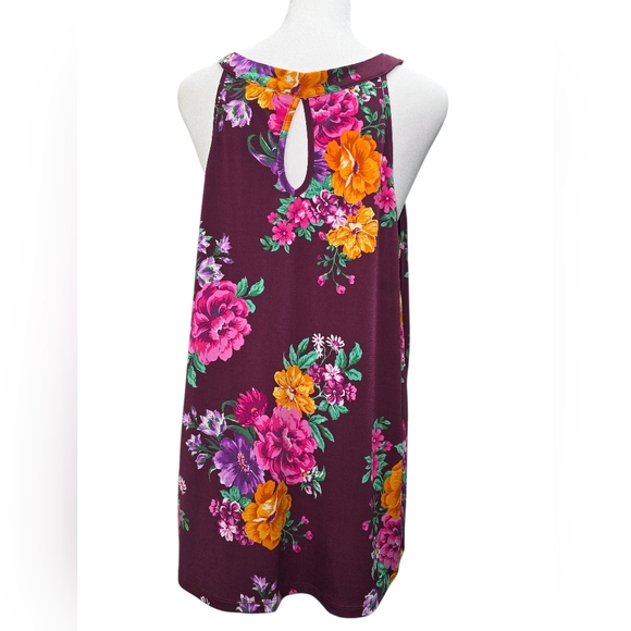 Torrid Floral Halter Tunic Top Size 00 Keyhole Back Burgundy Purple Swing Tank - Picture 2 of 6